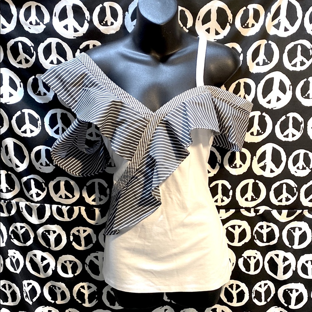 INC INTERNATIONAL CONCEPTS: Striped Off-Shoulder Ruffle V-neck Tank SZ M
